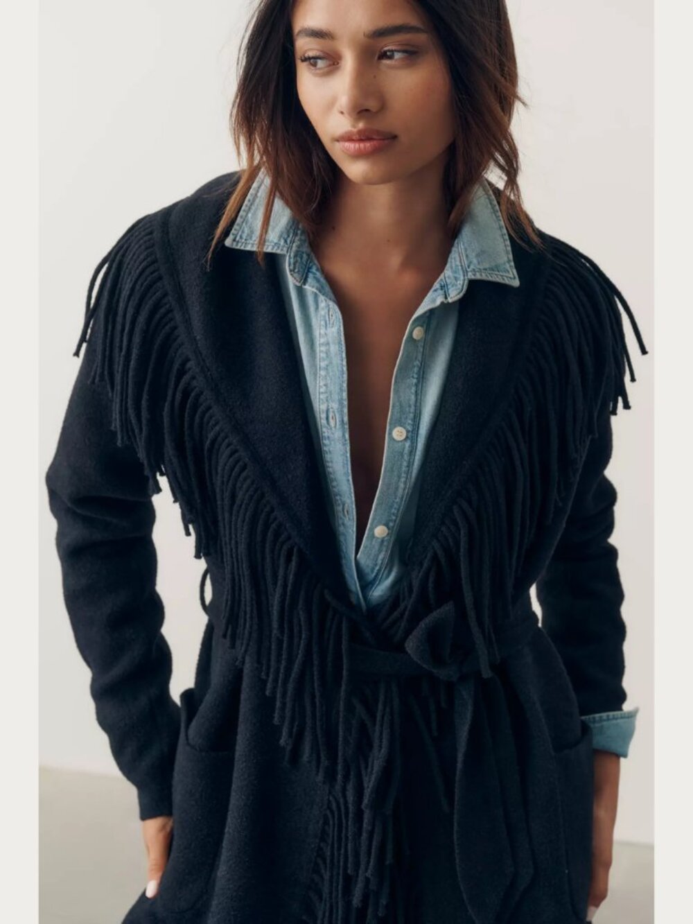 Anthropologie NVLT Fringed Knit Belted Deep Navy Sweater Coatigan